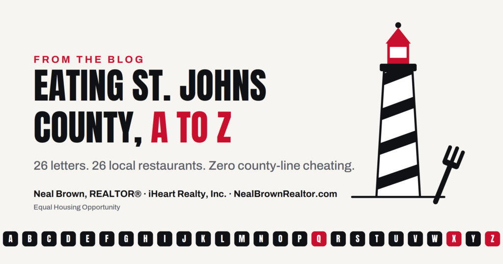 Graphic reading Eating St. Johns County A to Z with a striped lighthouse holding a fork — 26 letters, 26 local restaurants, zero county-line cheating.