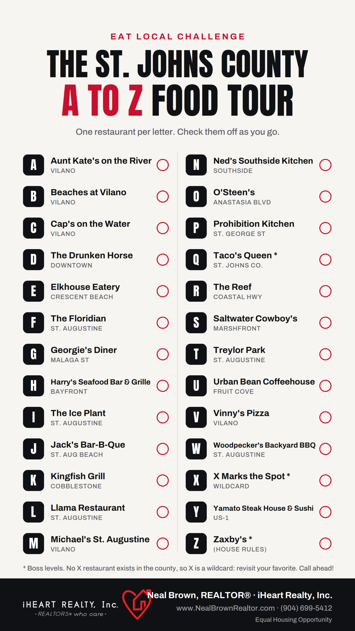 St. Johns County A to Z food tour checklist listing one restaurant for each letter of the alphabet, from Aunt Kate's on the River to Zaxby's, with check-off circles.