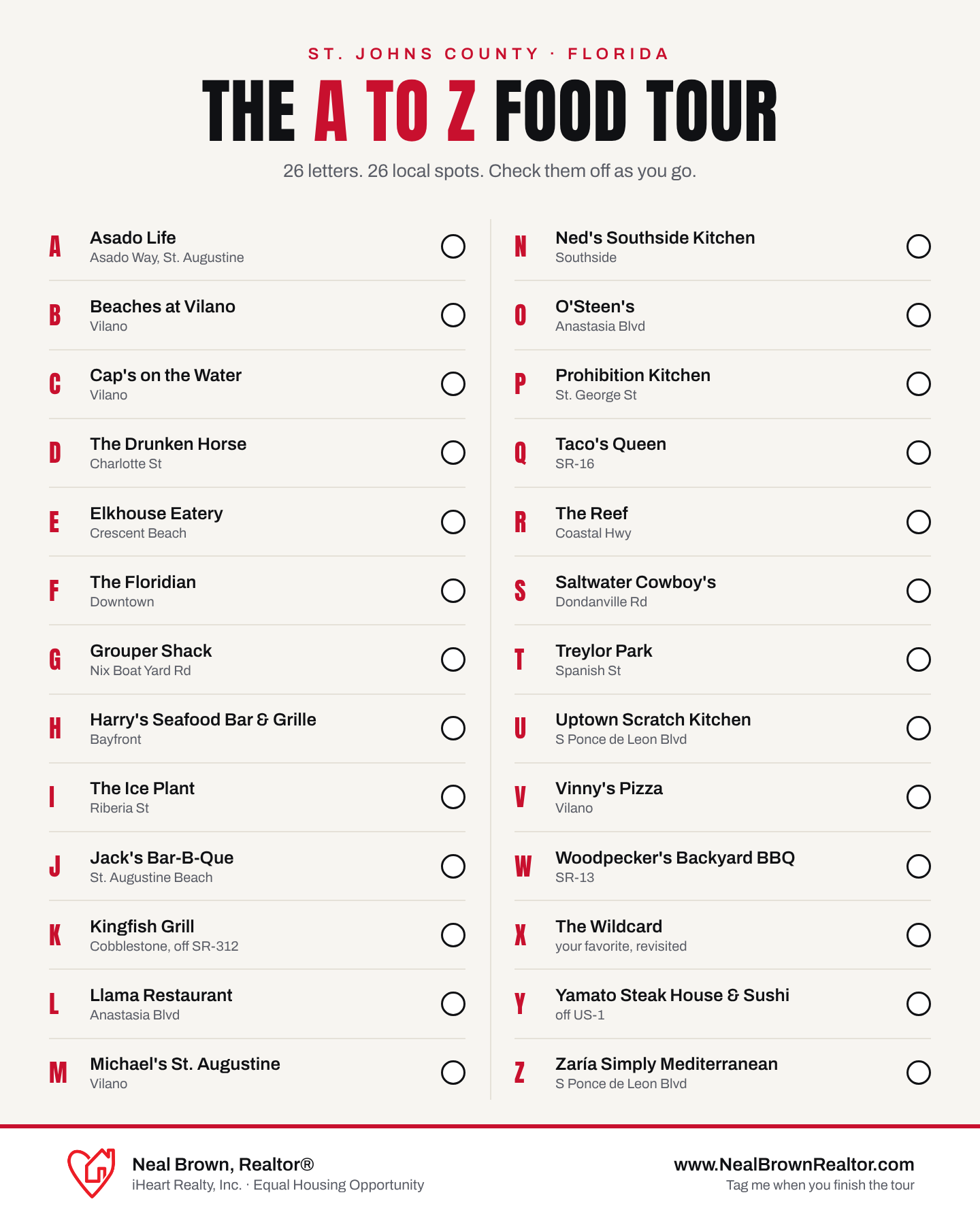 St. Johns County A to Z food tour checklist listing one restaurant for each letter of the alphabet, from Asado Life to Zaría Simply Mediterranean, with check-off circles.