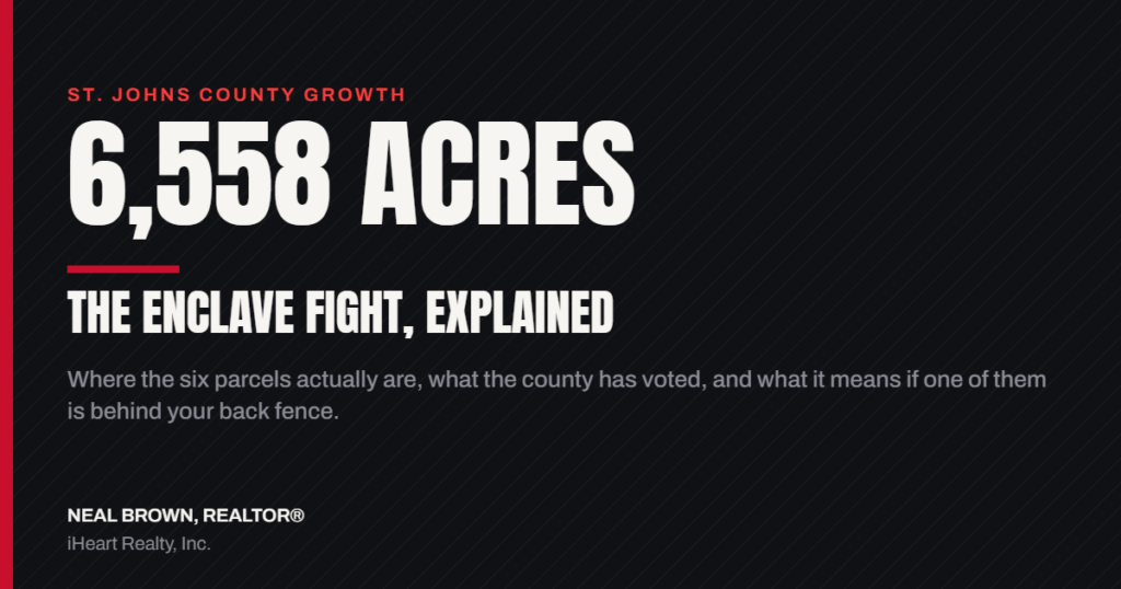 Graphic reading 6,558 acres, the enclave fight explained, about St. Johns County agricultural enclave applications